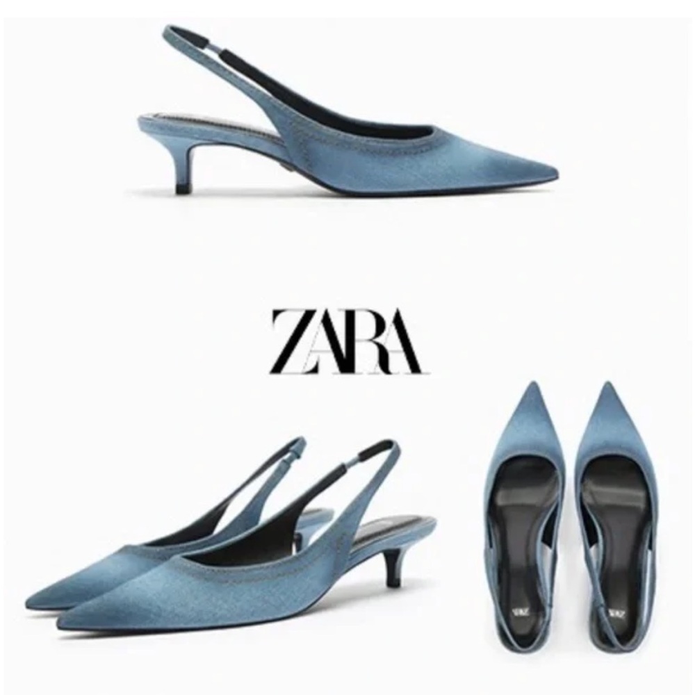 Zara Denim Kitten Heel Slingbacks Pointed Toe Size 42